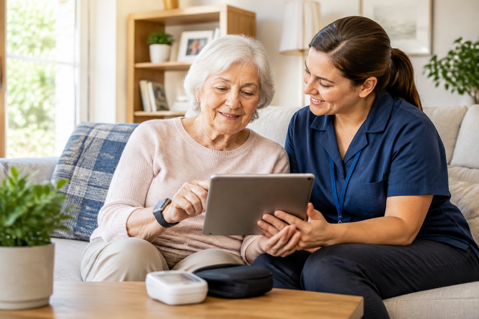 Eine Seniorin nutzt mit Unterst&uuml;tzung einer Pflegekraft ein Tablet zu Hause.
